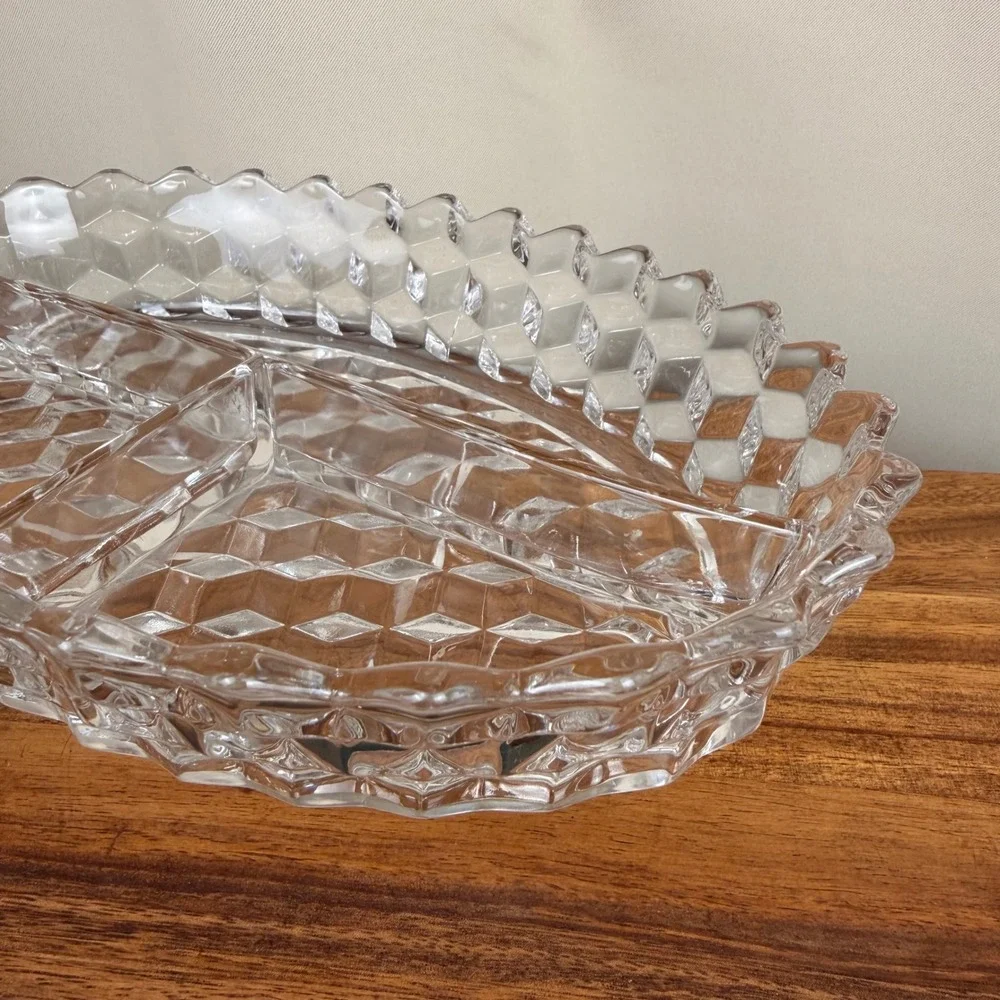 Fostoria America Clear Glass 3 Part Divided Relish Dish Oval Cube Pattern 10.5in